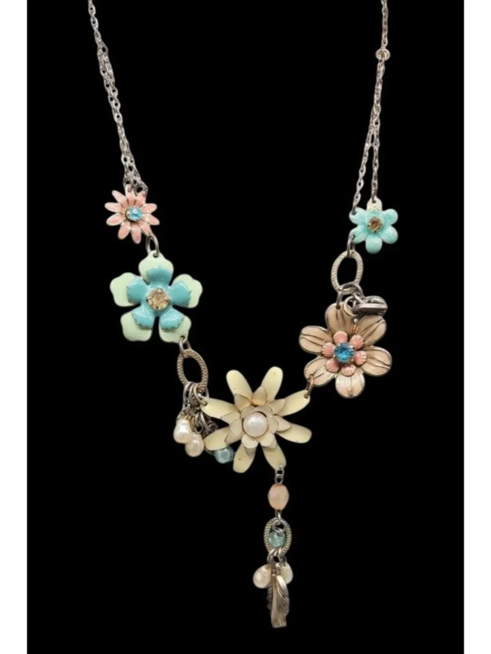 Vintage Plunder Dangling Flower Necklace Multicolor Rhinestones Silver Tone 20" - Picture 12 of 16